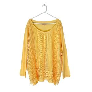Woman Within Crochet Lace Long Sleeve Top in Yellow Size 3X Cotton